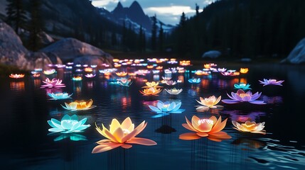 Aurora patterns projected on floating flower islands