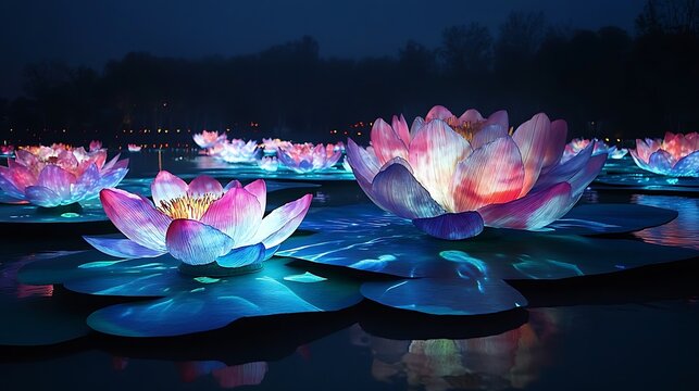 Aurora patterns projected on floating flower islands