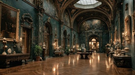 Fototapeta premium Luxurious Interior with Ornate Decor and Artwork Elegant Hallway Vintage Furniture Grand Arc