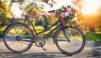 Fototapeta premium a bicycle with a bouquet of flowers on the front wheel