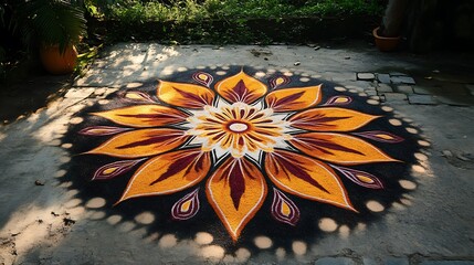 Colorful mandala design painted on a paved surface.