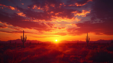 Obraz premium Desert Landscape Illustration, Minimalist desert scene with cacti and sun.