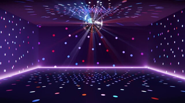 4K Seamless Loop: Glittering Disco Ball in Clubhouse. Rotating Lights & Reflections for Dance Party Backgrounds