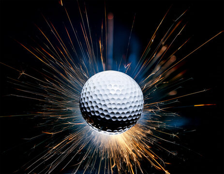 dynamic golf ball in mid aira striking display of motion and light against a black background