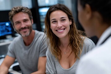 Fototapeta premium A cheerful woman smiles broadly while conversing with friends in a modern setting, highlighting moments of connection, joy, and collaborative spirit in life.