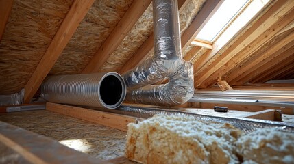 Installation clearance requirements showcased in metallic ventilation system properly spaced from OSB sheathing and wooden studs in new construction