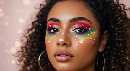 Stylized face with rainbow makeup and glowing stars &ndash; queer beauty vector