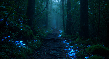 Fototapeta premium Mystical Path Through Forest With Glowing Mushrooms In Low Light
