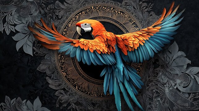 Vibrant parrot in flight, surrounded by ornate design.