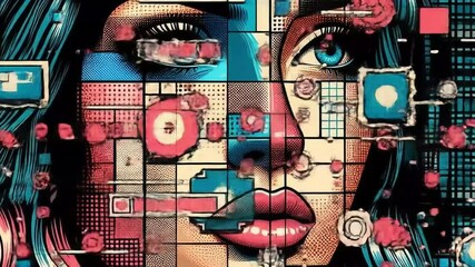 Woman's face in neo-memphis digital modern collage, pop art style  