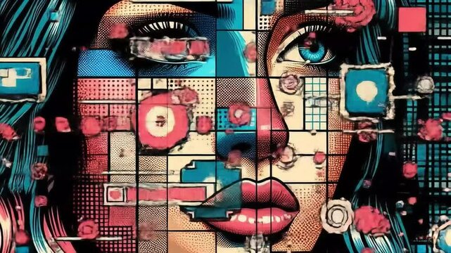 Woman's face in neo-memphis digital modern collage, pop art style  