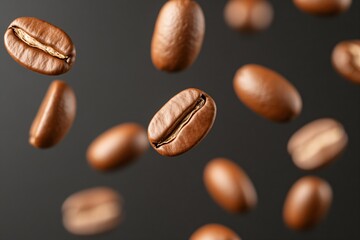 Fototapeta premium Falling coffee bean macro view. Concept coffee, food, drink, background. Use for beverage industry or cafe promotion.