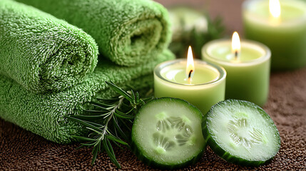 Green towels candles and cucumber slices create a soothing spa-like ambiance on a textured brown surface.