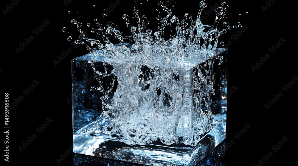 Poster water splashing inside a transparent cube on black background.