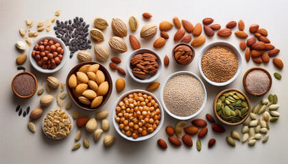 assorted nuts and seeds arranged on a light background