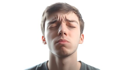 Portrait of a young man with eyes closed feeling sad and stressed on white background studio shot isolated