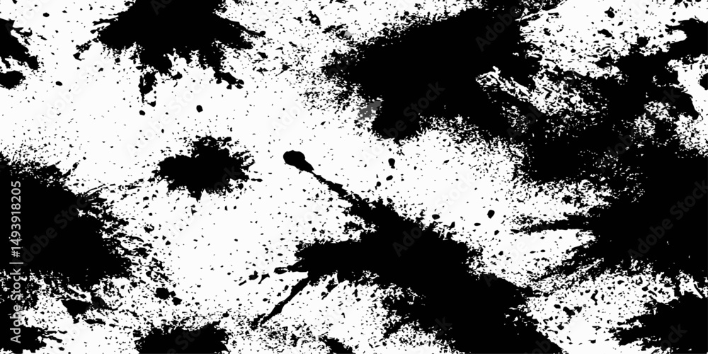 Poster black ink splatters and spots on a white background creating an abstract and texture dynamic ink.