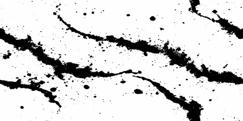 Black ink splatters and spots on a white background creating an abstract and texture dynamic ink. 