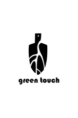 Modern black and white logo featuring a stylized garden trowel with organic, leaf-like vein patterns. Ideal for eco-friendly brands, gardening services, or sustainable product packaging under the name