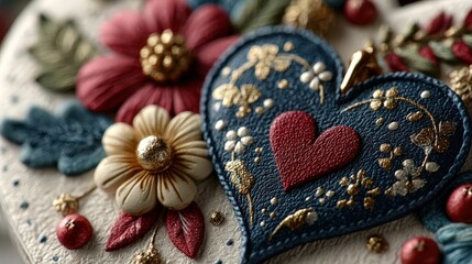 Obraz premium A detailed close-up of a decorated heart and flowers made of fabric and beads on a light-colored background