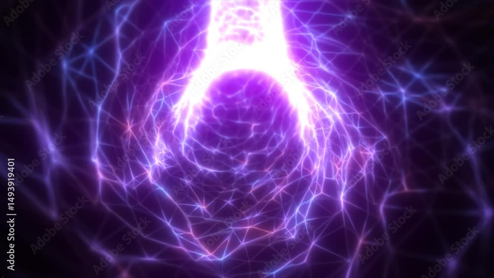 Poster triangular mesh network of glowing purple energy forming a digital vortex, symbolizing neural networ