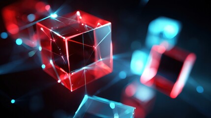 Several translucent cubes, predominantly red and blue, are connected by glowing lines and points of light against a dark background