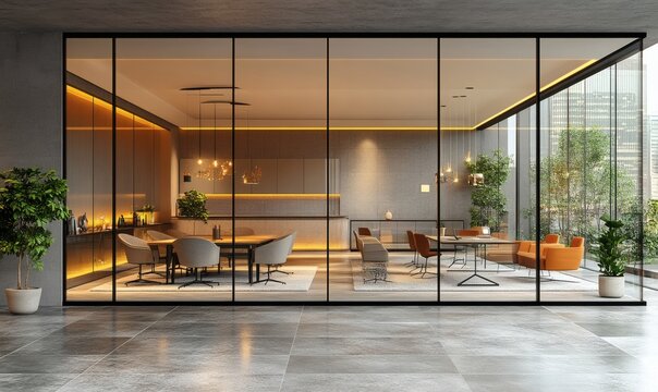Modern office interior with open workspace and glass-walled meeting room. 3D Rendering,


