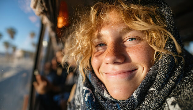 Smiling young man wrapped in blanket looking out van window at sunrise, Generated with AI