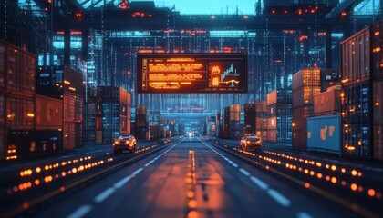 Futuristic blue background with virtual screen showing import tariffs, economic charts, and rising trade growth indicators
