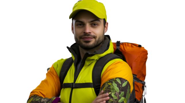 Smiling hiker wearing backpack, safety vest, and cap, cut out transparent