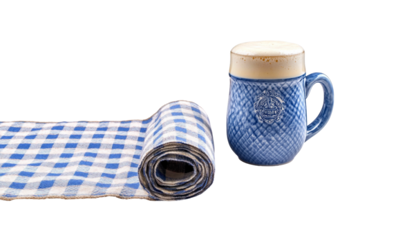 Bavarian checkered table runner rolled out on a wooden table showcasing traditional blue and white pattern isolated on white background PNG