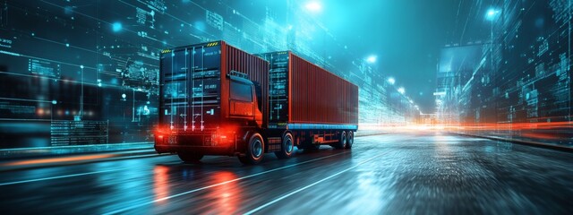 Import tariffs concept with trade growth and economic data visuals on futuristic virtual screen in blue business environment
