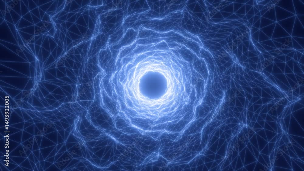 Poster glowing blue energy vortex with wireframe grid structure creating a tunnel effect in a digital abstr