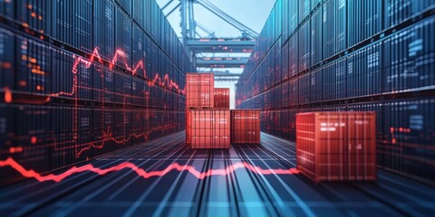 Import tariffs concept with trade growth and economic data visuals on futuristic virtual screen in blue business environment
