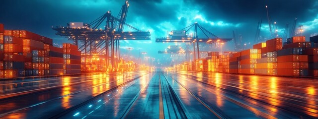 Fototapeta premium Import tariffs concept with trade growth and economic data visuals on futuristic virtual screen in blue business environment 