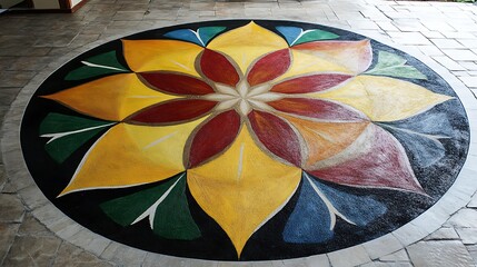 Fototapeta premium Colorful floral design painted on a paved surface.