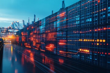 Import tariffs concept with increasing trade growth and economic data graphics on futuristic virtual screen background in blue business environment,


