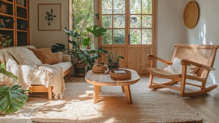 Cozy, sun-drenched living room with natural tones