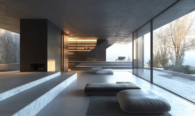 Naklejka premium Modern minimalist living room with large windows and dark shelving in bright open space, 3D rendering 