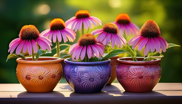 Bunte handget&ouml;pferte Blument&ouml;pfe mit Sonnenhut &ndash; Nahaufnahme
