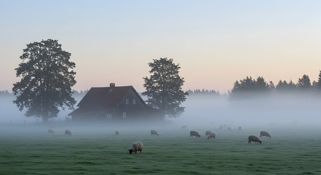 Misty Morning In Rural Landscape With Grazing Sheep And Farmhouse