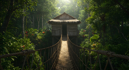 Obraz premium Suspension Bridge Leading To Wooden House In Lush Tropical Jungle