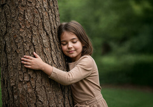 Smiling girl hugging tree with eyes closed in park, environmental love and care for nature, forest preservation concept