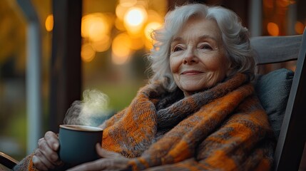 Senior woman enjoying warm drink outdoors
