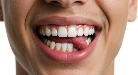 A close up of a person's mouth showing their teeth and tongue with a bright white background space