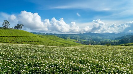 Lush green tea plantation landscape with white flowers under a vibrant blue sky and fluffy clouds.
