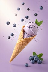Blueberry Mint Sorbet Ice Cream Cone Menu Highlight – Waffle cone with blueberry sorbet, flying blueberries, and mint leaves, on a blue background for refreshing menu features