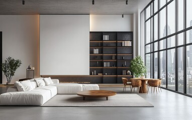 Modern minimalist living room with large windows and dark shelving. 3D Rendering,


