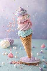 Waffle cone with lavender and blueberry ice cream, topped with blueberries and edible flowers, floating in a pastel cloud background-ideal for boutique dessert shops or editorial advertising.