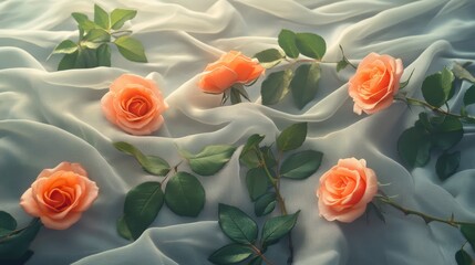 Peach roses scattered on soft, flowing fabric.